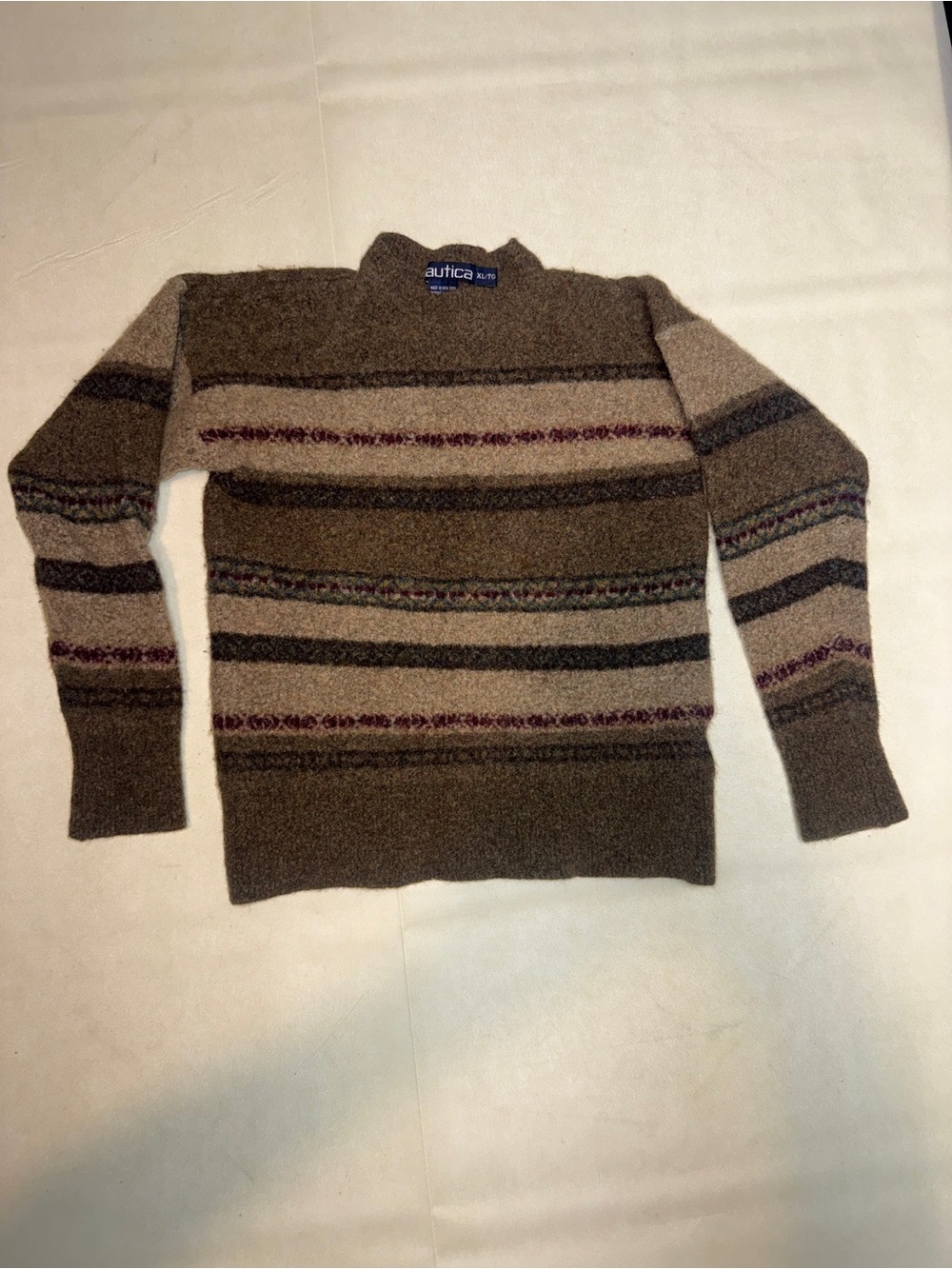 Nautica Men's Brown & Tan Striped Crewneck Sweater wool blend